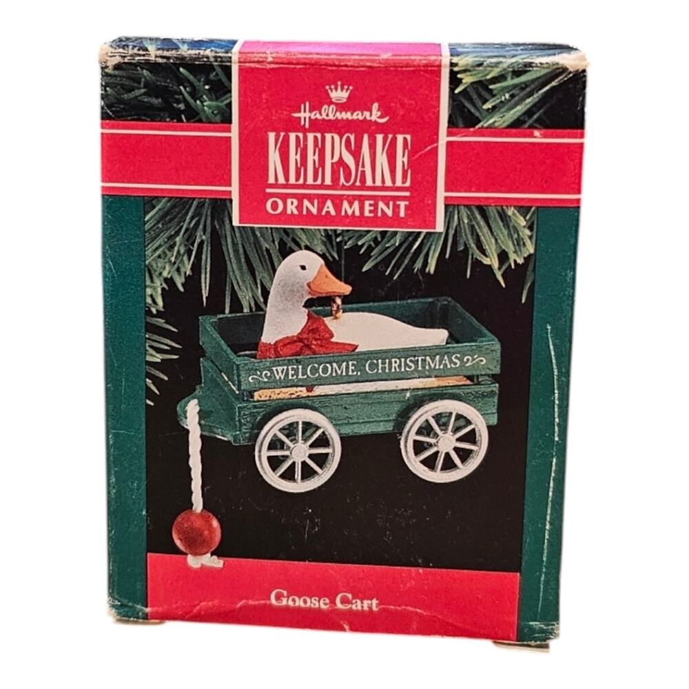 1990 Goose Cart with Welcome Christmas on Wagon Hallmark Ornament in Orig. Box